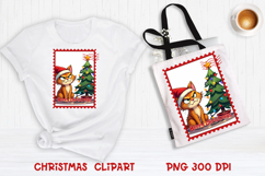 Cute Christmas cat clipart PNG | Christmas postage stamp Product Image 1
