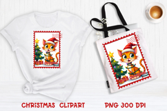 Cute Christmas cat clipart PNG | Christmas postage stamp Product Image 1