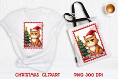 Cute Christmas cat clipart PNG | Christmas postage stamp Product Image 1