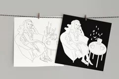 Black and white line art Girl in Cafe coloring page vector Product Image 3