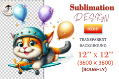 Playful cartoon cat pilot with party balloons – high-res sublimation PNG for greeting cards and kids products.