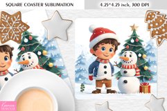 Cute Happy Snowman and Little Boy|Christmas Square Coaster Product Image 1