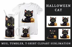 Cartoon Halloween cute fluffy black cat kitty kitten pumpkin jack o lantern 20 oz tumbler skinny mug wrap clipart t-shirt sublimation printable design