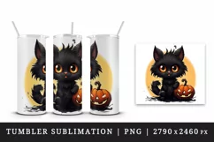Cartoon Halloween cute fluffy black cat kitty kitten pumpkin jack o lantern 20 oz tumbler skinny mug wrap clipart t-shirt sublimation printable design