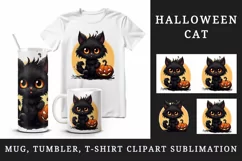 Cartoon Halloween cute fluffy black cat kitty kitten pumpkin jack o lantern 20 oz tumbler skinny mug wrap clipart t-shirt sublimation printable design