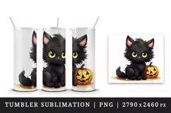 Cartoon Halloween cute fluffy black cat kitty kitten pumpkin jack o lantern 20 oz tumbler skinny mug wrap clipart t-shirt sublimation printable design