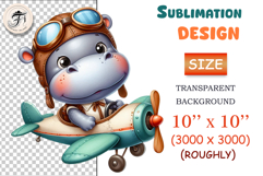 Cute cartoon hippo pilot flying a vintage teal airplane, watercolor sublimation clipart for kids, nursery decor, stickers, t-shirts, and greeting cards.