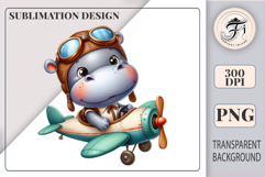 Cute cartoon hippo pilot flying a vintage teal airplane, watercolor sublimation clipart for kids, nursery decor, stickers, t-shirts, and greeting cards.
