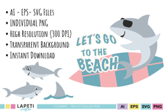 Cute shark illustrations for birthday and summer themed projects