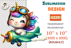 Cute cartoon unicorn pilot with rainbow mane flying a vintage airplane, watercolor sublimation clipart for kids, nursery decor, stickers, t-shirts, and greeting cards.