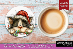 Cat Tangled In Christmas Lights Round Coaster Funny Xmas PNG Product Image 1