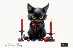 Watercolor Goth Cat Clipart | Watercolor Christmas PNG Product Image 1