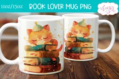 Cat and books mug wrap sublimation PNG, Book lover mug wrap Product Image 1