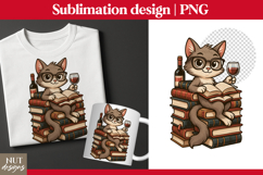 Vintage tshirt design, Cat &amp; book and wine glass, book lover Product Image 1