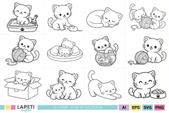 black line art cat illustrations for coloring pages
