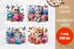 Funny cat Coaster Sublimation | Cat flowers Square Coaster Product Image 1