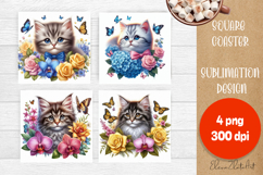 Funny cat Coaster Sublimation | Cat flowers Square Coaster Product Image 1