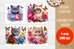 Funny cat Coaster Sublimation | Cat flowers Square Coaster Product Image 1
