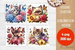 Funny cat Coaster Sublimation | Cat flowers Square Coaster Product Image 1