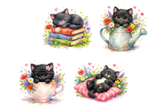 Black Cat Spring Watercolor Clipart PNG Product Image 5