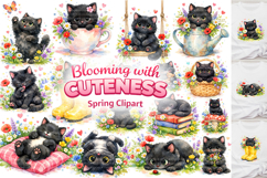 Black Cat Spring Watercolor Clipart PNG Product Image 1