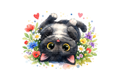 Black Cat Spring Watercolor Clipart PNG Product Image 2