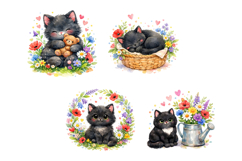 Black Cat Spring Watercolor Clipart PNG Product Image 8