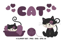 Playful purple cat clipart designs for pet themed crafts and digital projects