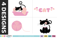 Black cat illustration with pink details for cardmaking projects.