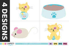 Pastel cat themed graphics for cardmaking and scrapbook accents.