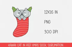 Kawaii cat in christmas red sock. Sublimation PNG. Product Image 1
