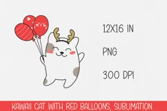Cute kawaii cat with red balloons. Sublimation PNG. Product Image 1