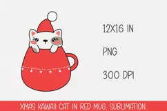 Christmas kawaii cat in red mug. Sublimation PNG. Product Image 1
