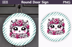 Pink Floral Cat Round Door Sign | Mint Stripe Decor Product Image 1