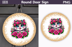 Floral Cat Round Door Sign | Mustard Chevron Decor Product Image 1