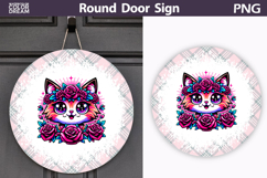 Floral Fox Cat Round Door Sign | Pink Plaid Decor Product Image 1