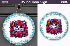 Floral Cat Round Door Sign | Teal Plaid Decor Product Image 1