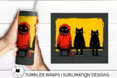 hand holding a tumbler with black cats wrap