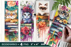 Cat on books bookmark, watercolor cat bookmark, floral cats Product Image 1