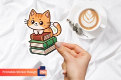 Cat With Books Sticker, Cartoon Cat Sticker, Cat Reading Art Product Image 1