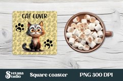 Funny cat square coaster sublimation design, funny cat lover sublimation design, cat coaster PNG.