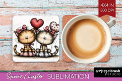 Cats Valentine Square Coaster Whimsical Animal Coaster PNG Product Image 1