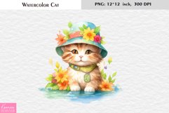 Summer Cat Wearing Hat|Cute Watercolor Cat Sublimation Product Image 1
