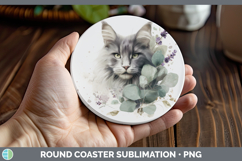 GorgeousCats Lavender and Eucalyptus Round Coaster design.