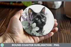 GorgeousCats Lavender and Eucalyptus Round Coaster design.
