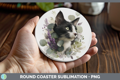 GorgeousCats Lavender and Eucalyptus Round Coaster design.
