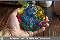 GorgeousCats Stained Glass Wild Flowers Round Coaster design.