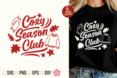 Cozy Season Club SVG PNG design with fall leaves, acorns, candle, and PSL cup displayed on a black t-shirt mockup