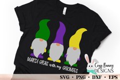 Mardi Gras with my gnomies quote with three gnomes on a black t-shirt