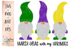 Mardi Gras with my gnomies quote with three gnomes on a white background